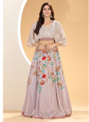 Beige Printed A Line Lehenga Choli