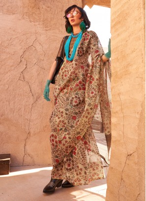 Beige Printed Classic Saree