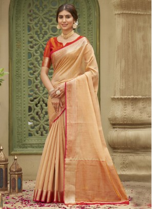Beige  Tissue Brasso Weaving Classic Saree