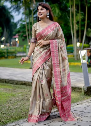 Beige Tussar Silk Ceremonial Designer Saree