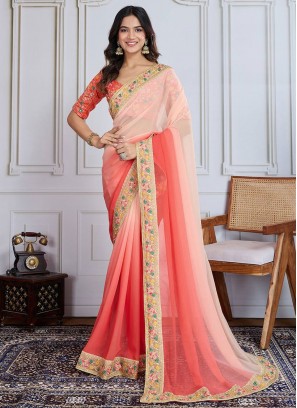 Best Border Peach and Salmon Georgette Classic Saree