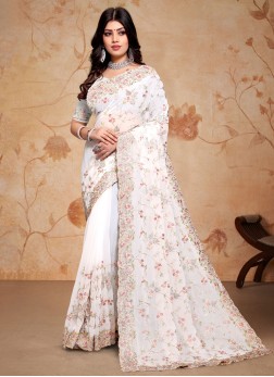 Best Embroidered White Georgette Contemporary Sare