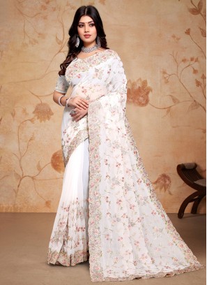 Best Embroidered White Georgette Contemporary Saree