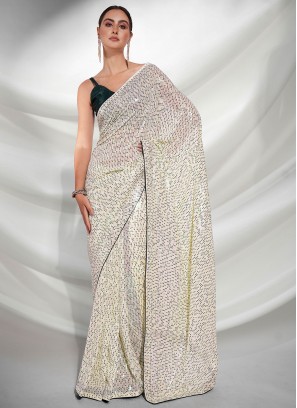 Best Off White Embroidered Trendy Saree