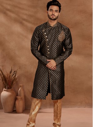 Black and Chikoo Set with Jaqard Top and Art Silk Trousers Semi Sherwani.