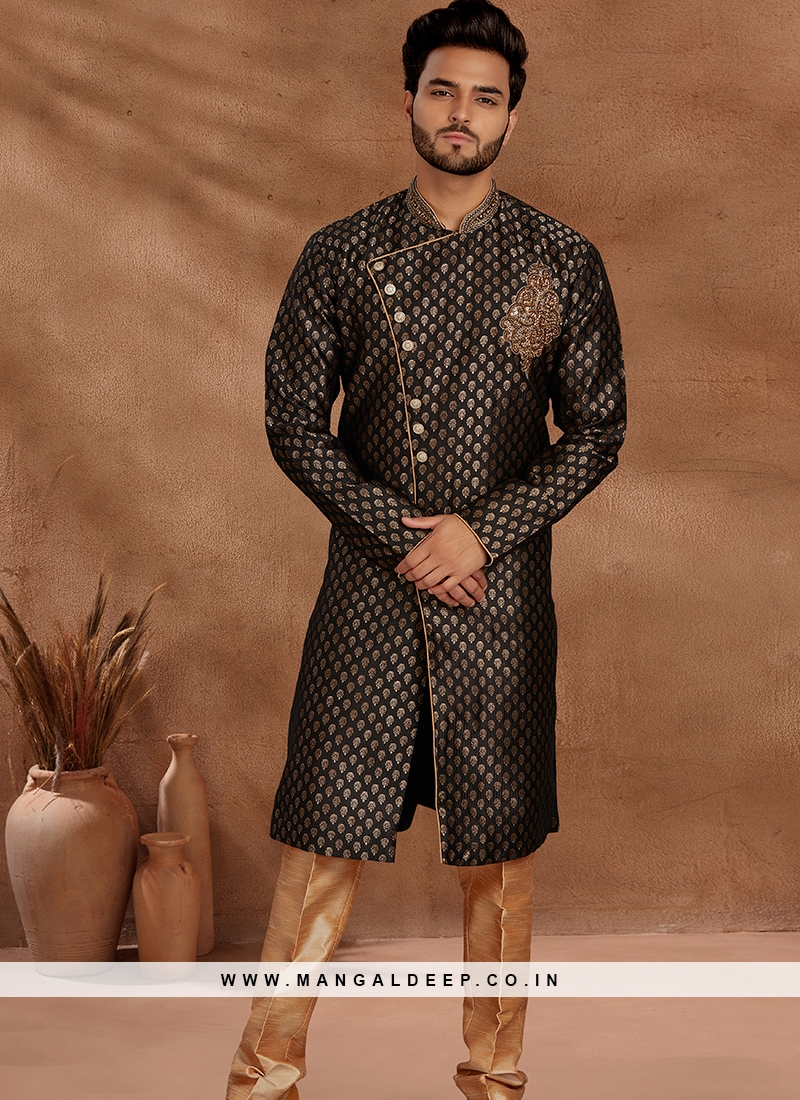 Black and Chikoo Set with Jaqard Top and Art Silk Trousers Semi Sherwani.