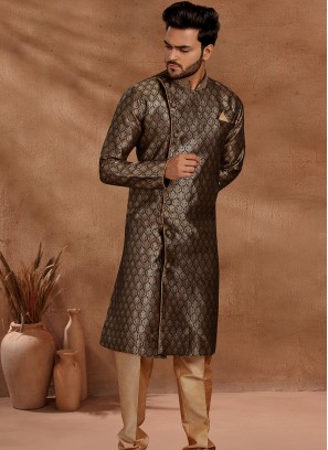 Bottle Green and Chikoo Set with Jaqard Top and Art Silk Trousers Semi Sherwani.