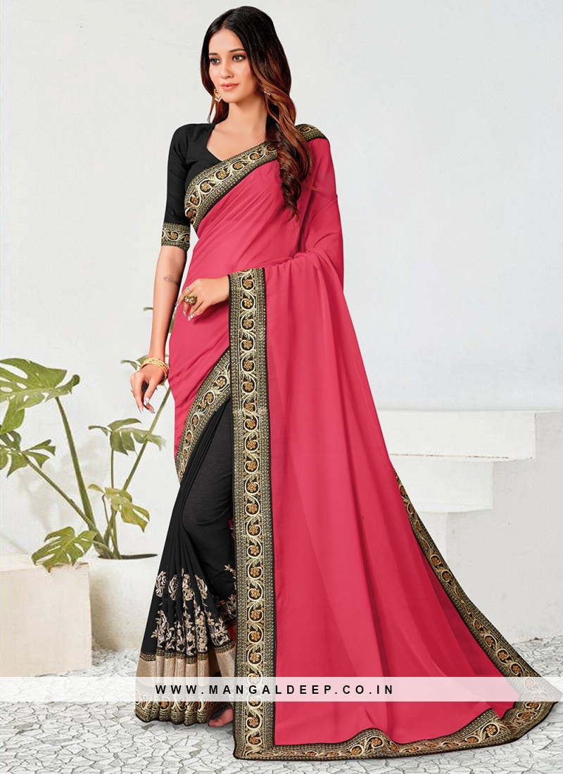 Black and Hot Pink Sequins Classic Saree