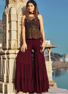 Black And Maroon Silk Ethnic Motifs Top With Sharara