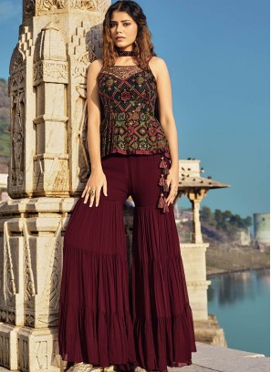 Black And Maroon Silk Ethnic Motifs Top With Sharara