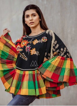 Black And Multi Color Khadi Poncho