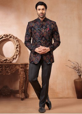Black and Multi Colour Velvet Embroidered Jodhpuri Jacket