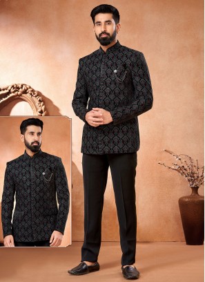 Black and Multi Colour Velvet Jodhpuri Jacket