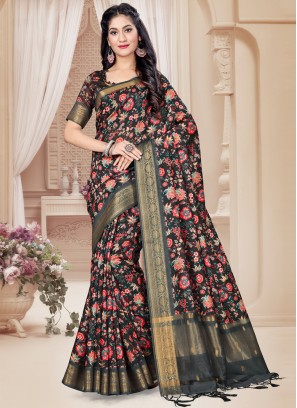 Black Art Silk Digital Print Printed Saree