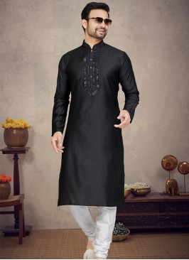 Black Jaquard Kurta with Off White Churidar Bottom