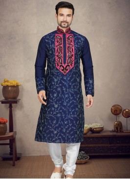 Navy Blue Art Silk Kurta with Off white Churidar Bottoms.