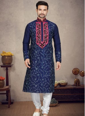 Navy Blue Art Silk Kurta with Off white Churidar Bottoms.