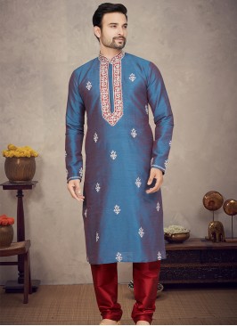 Dark Feroze Art silk Kurta with Marron Churidar Bottoms.