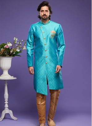 Teal Banarasi Jacquard Indo Western Ensemble