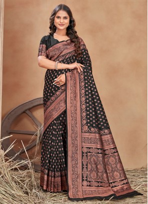 Black Banarasi Silk Border Trendy Saree