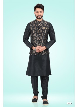 Black Banarasi Silk Kurta Set with Nehru Jacket