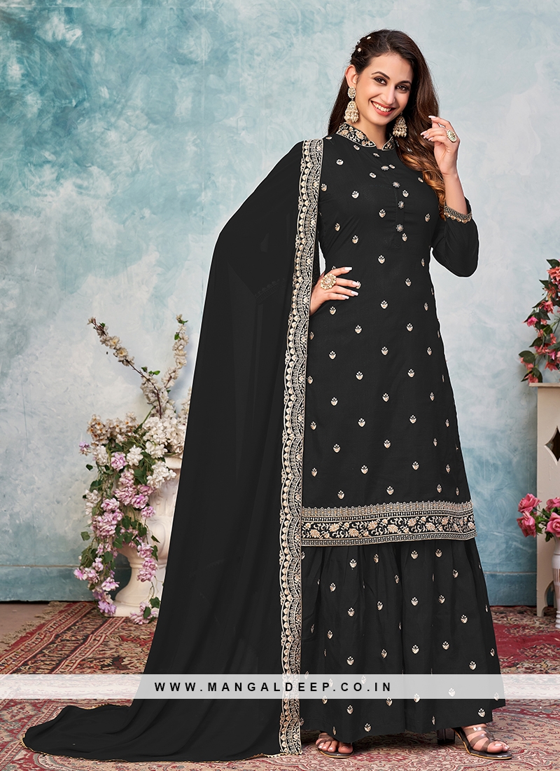 Black Color Art Silk Embroidered Sharara Suit