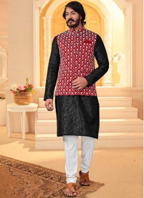 Black Color Art Silk Kurta Jacket Set