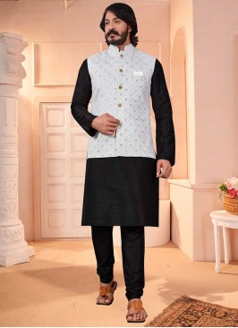 Black Color Art Silk Kurta Jacket Set