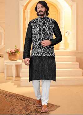 Black Color Art Silk Mens Kurta Jacket Set