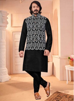 Black Color Art Silk Mens Kurta Jacket Set