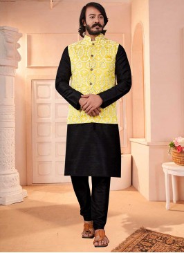 Black Color Art Silk Mens Kurta Jacket Set