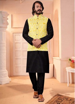 Black Color Art Silk Mens Kurta Jacket Set