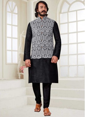 Black Color Art Silk Mens Kurta Jacket Set