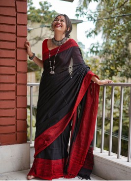 Black Color Chanderi Cotton Casual Wear Saree