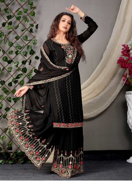 Black Color Chinnon Embroidered Palazzo Suit