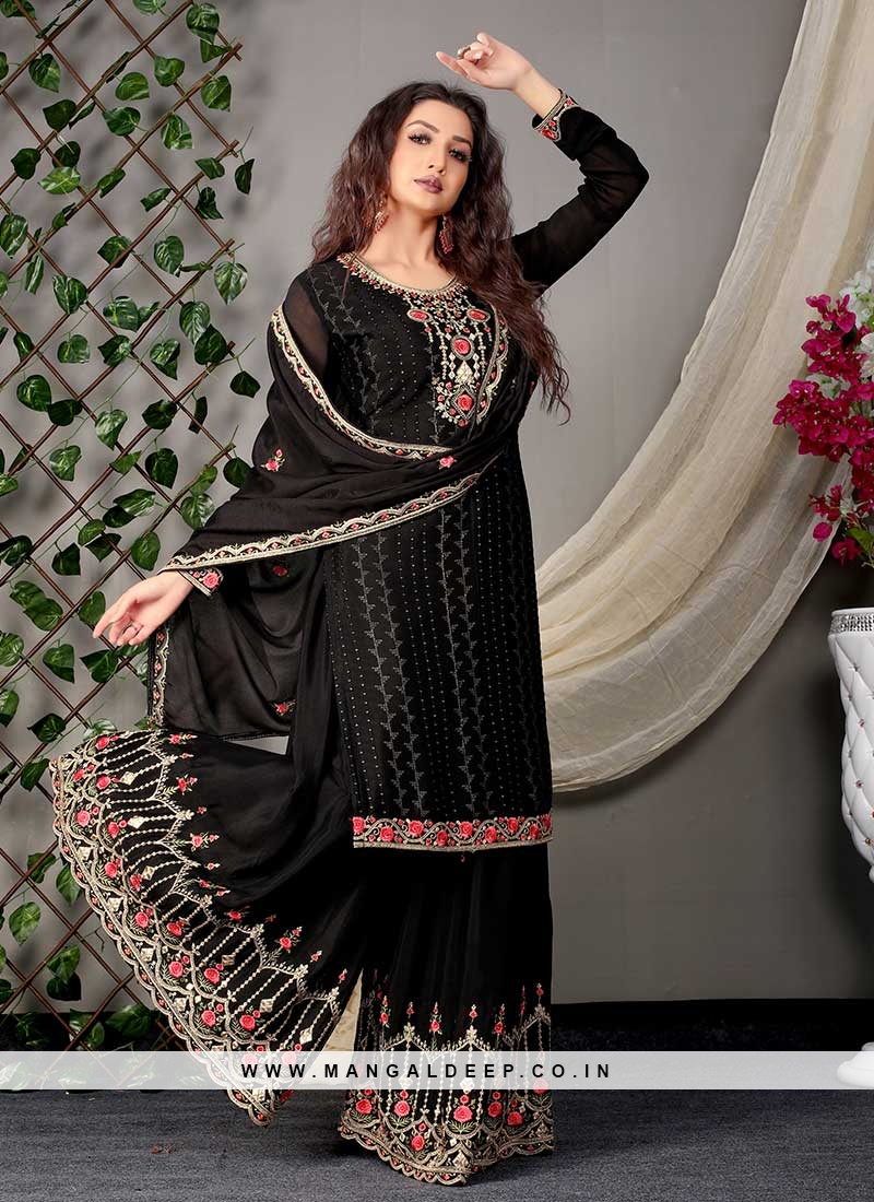 Black Color Chinnon Embroidered Palazzo Suit