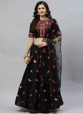 Black Color Cotton Embroidered Party Wear Lehenga