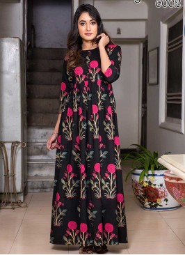 Black Color Digital Print Gown