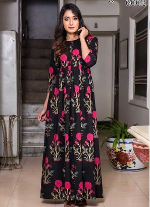 Black Color Digital Print Gown