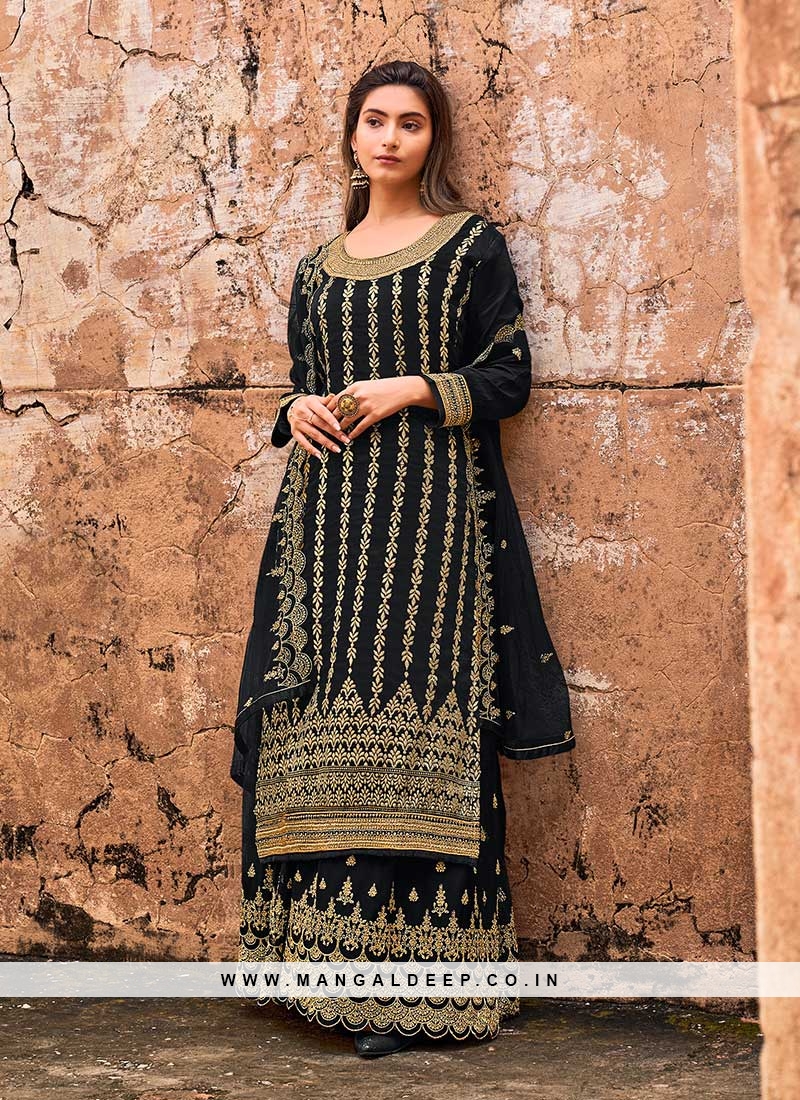 Black Color Dola Jacquard Plazzo Suit