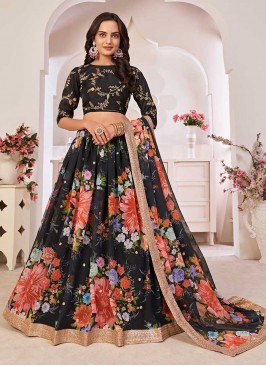 Black Color Floral Print Georgette Lehenga