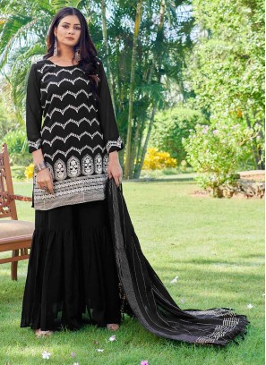 Black Color Georgette Embroidered Sharara Suit