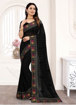 Black Color Georgette Embroidered Work Saree