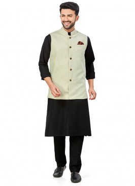 Black Color Linen Kurta With Blue Jacket