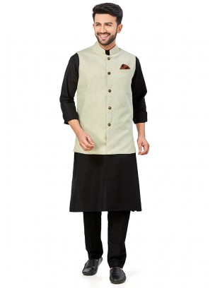 Black Color Linen Kurta With Blue Jacket