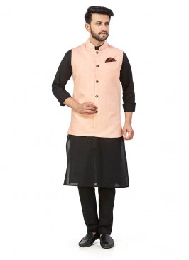 Black Color Linen Kurta With Peach Jacket