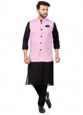 Black Color Linen Kurta With Pink Jacket