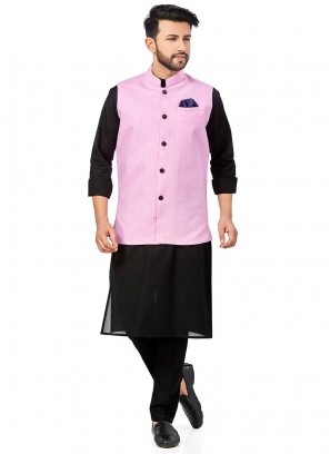 Black Color Linen Kurta With Pink Jacket