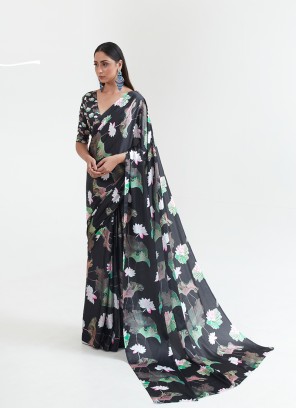 Black Color Lotus Print Satin Saree