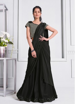 Black Color Lyrca Applique Flower Saree